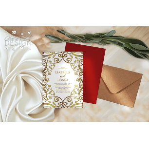 Burnt Orange Gold Glitter Floral Lace Wedding Invitation