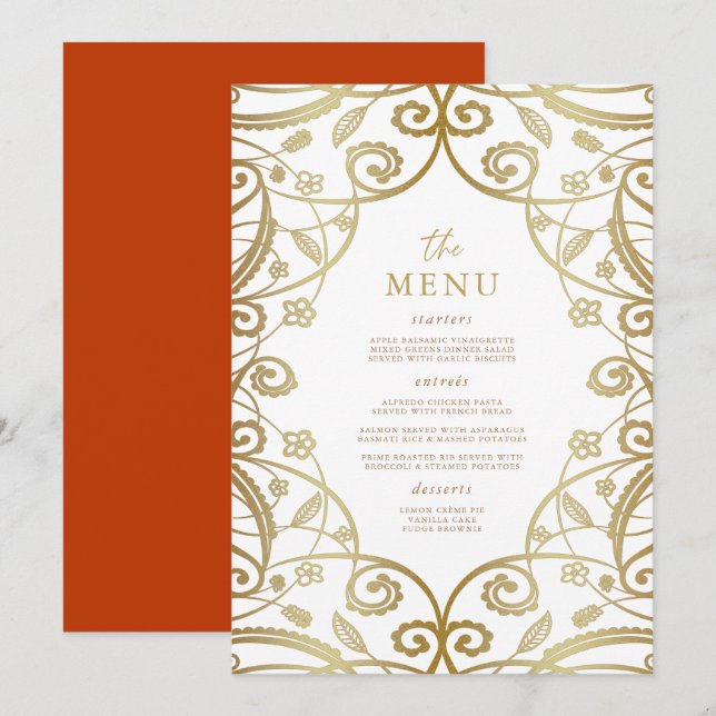 Burnt Orange Gold Glitter Lace Wedding Menu (Front/Back)