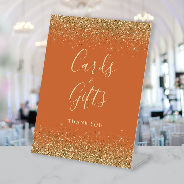Burnt Orange Gold Glitter Wedding Cards and Gifts Pedestal Sign (Creator Uploaded)