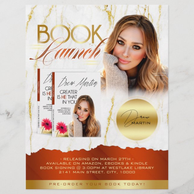 Burnt Orange & Gold Marble Book Launch Release Flyer (Front)