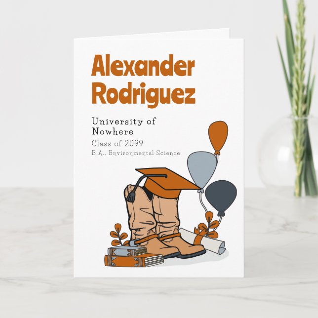 Burnt Orange Grad Cap Cowboy Boot Arrangement Invitation (Front)