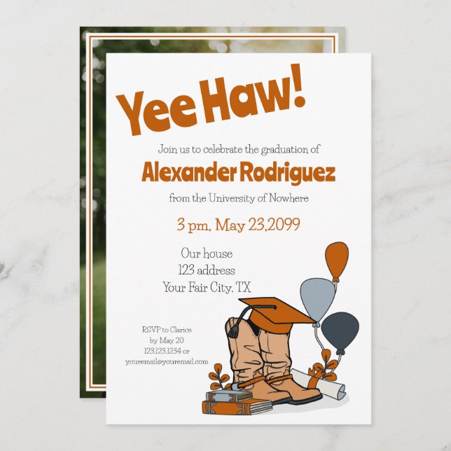 Burnt Orange Grad Cap Cowboy Boot Arrangement Invitation (Front/Back)