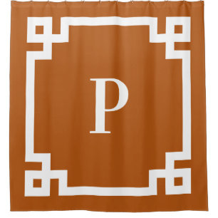 Burnt Orange Greek Key Bold Border Monogram Shower Curtain