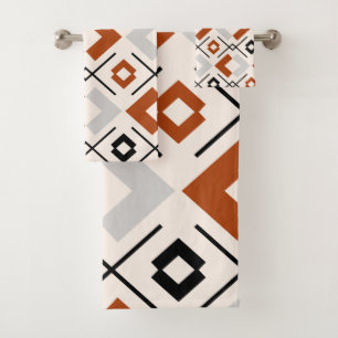 Burnt orange grey and beige geometric pattern bath towel set