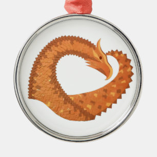 Burnt orange heart dragon on white metal ornament