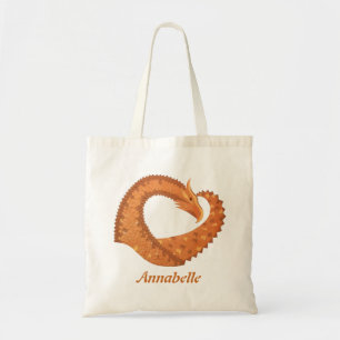Burnt orange heart dragon on white tote bag