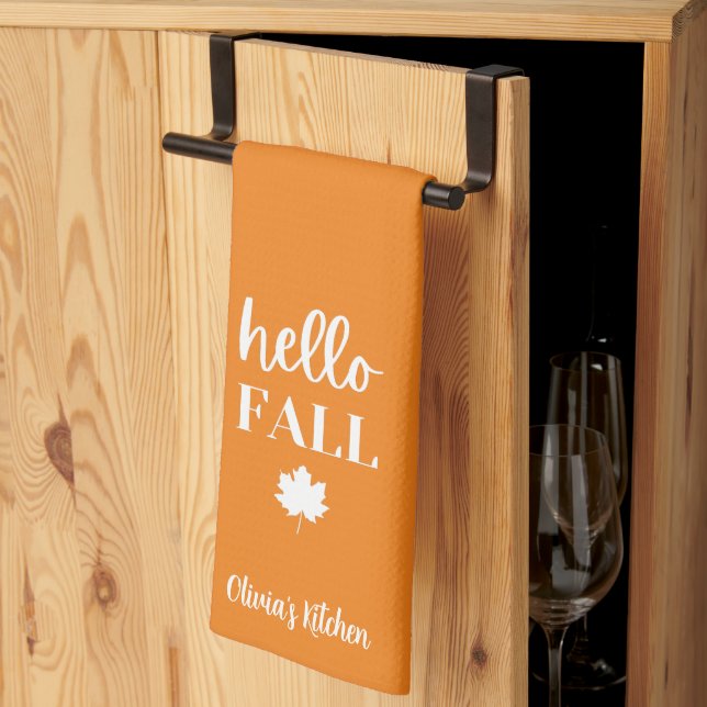 Burnt Orange Hello Fall Personalised Name Custom Tea Towel (Thirds Fold)