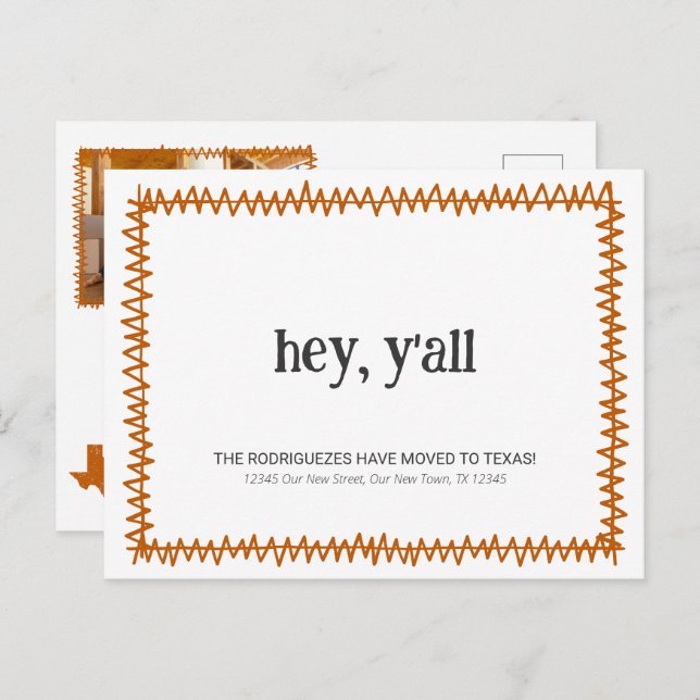Burnt Orange Hey Y'all - Moved to Texas Postcard (Front/Back)
