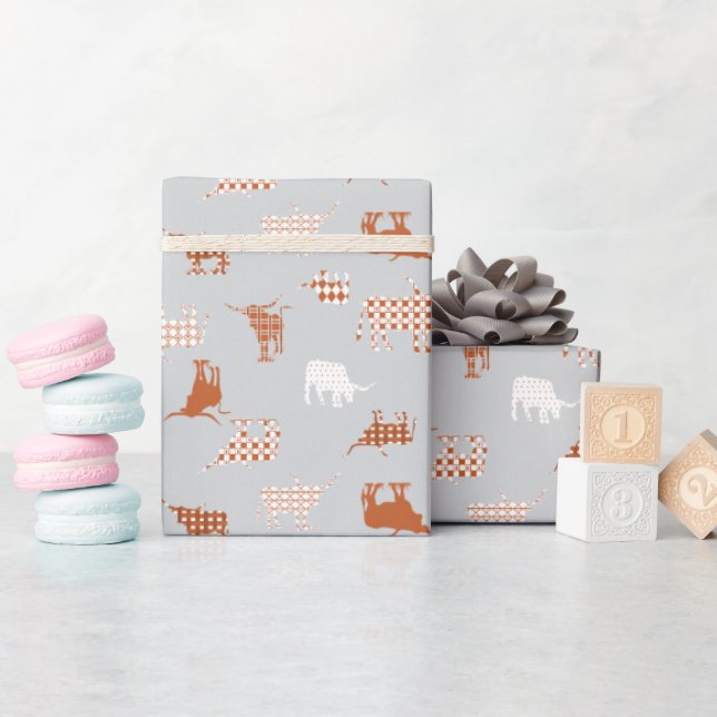 Burnt Orange & Light Grey Patterned Longhorns Wrapping Paper (Baby Shower)