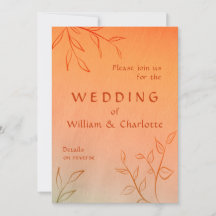 Burnt Orange Line-art Leaves Ombré Autumn Wedding