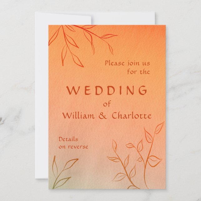 Burnt Orange Line-art Leaves Ombré Autumn Wedding Invitation (Front)