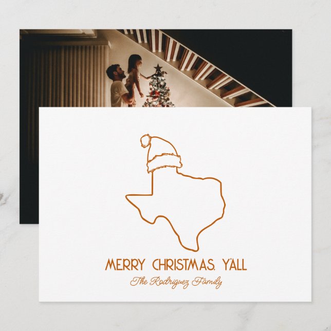 Burnt Orange Line Art Santa Texas Holiday Card (Front/Back)