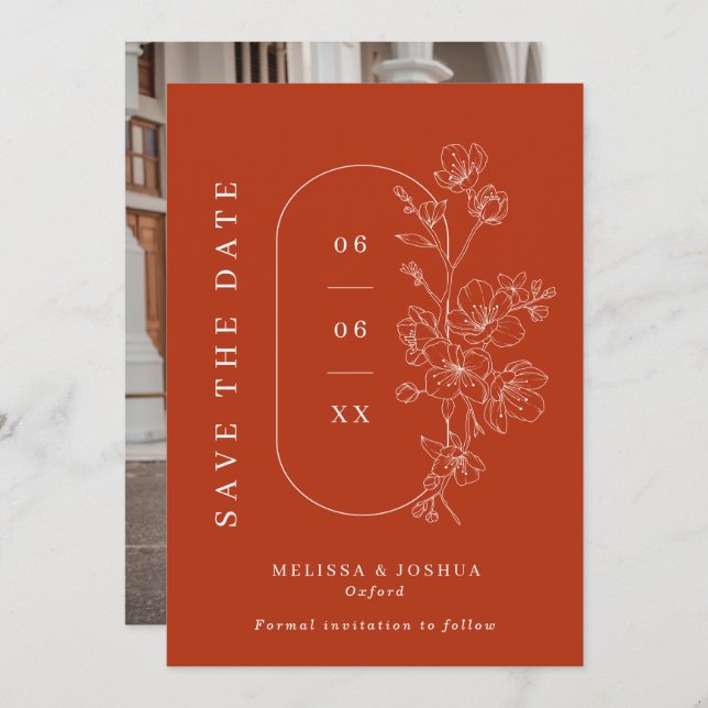 Burnt Orange Line Drawn Floral Photo Wedding Save The Date (Front/Back)