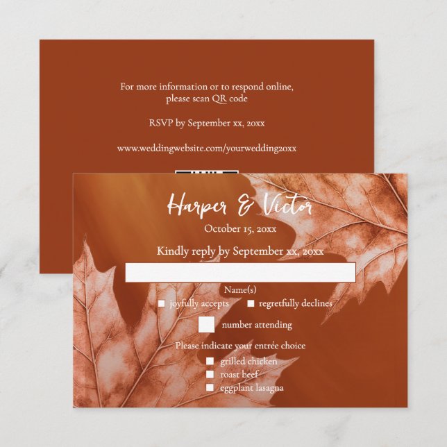 burnt orange maple leaves accent QR code RSVP Card (Front/Back)