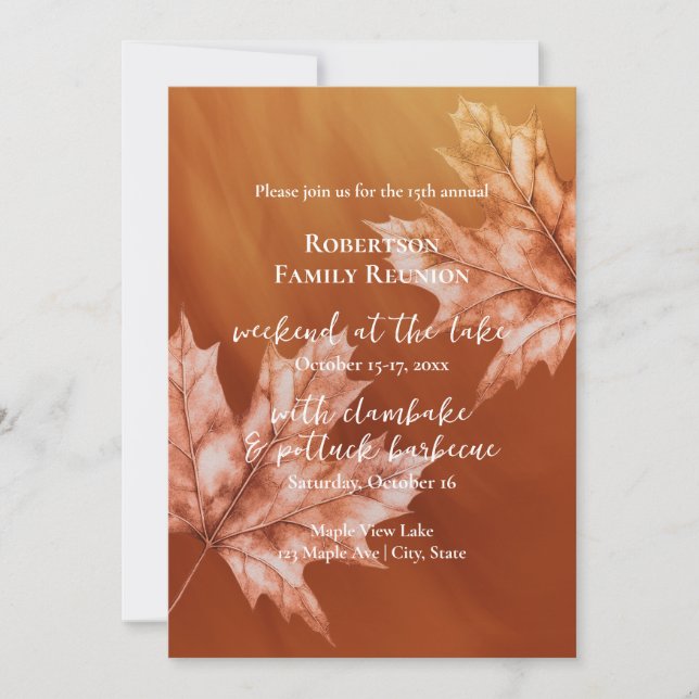 burnt orange maple leaves fall family reunion invitation (Front)