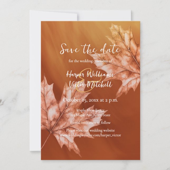 burnt orange maple leaves fall wedding save the date (Front)