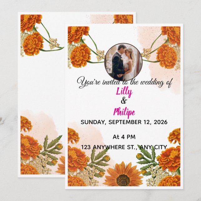 Burnt Orange Marigold Wedding Invitation (Front/Back)