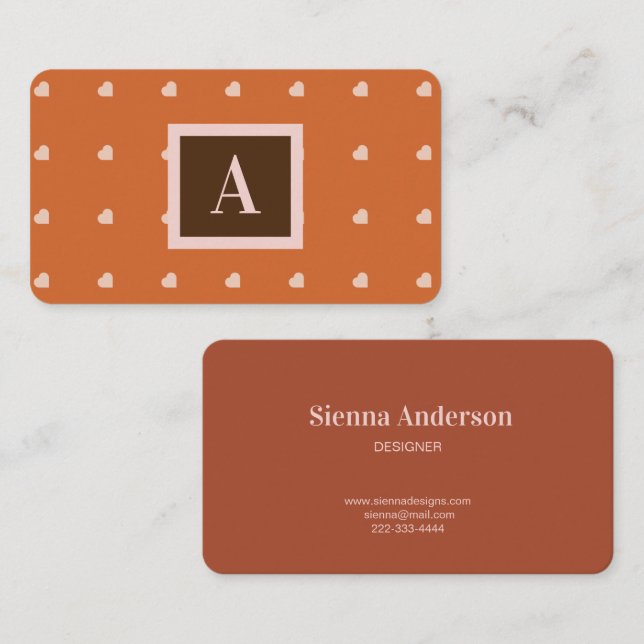 Burnt Orange Mini Hearts Background Monogram Business Card (Front/Back)