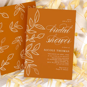 Burnt Orange Minimalist Elegant Leaf Bridal Shower Invitation