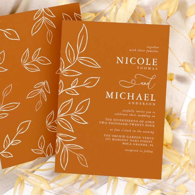 Burnt Orange Minimalist Elegant Leaves Wedding Invitation (Creator Uploaded)