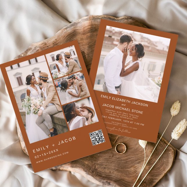 Burnt Orange Minimalist Photo QR code Wedding Invitation (Creator Uploaded)