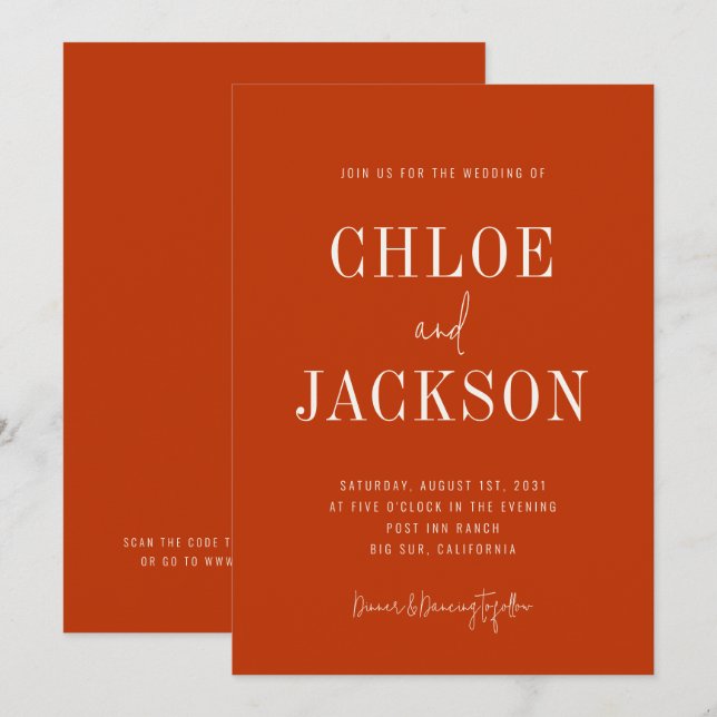Burnt Orange Modern Bold Custom QR Code Wedding Invitation (Front/Back)