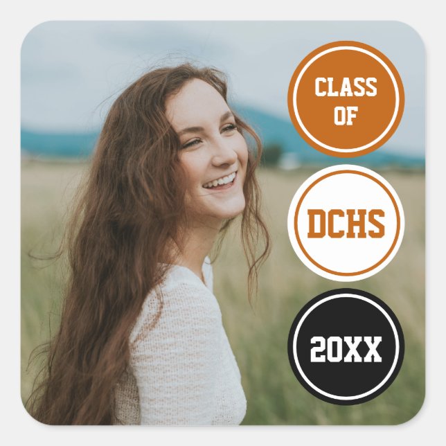Burnt Orange Modern Circles Photo Graduation Square Sticker (Front)