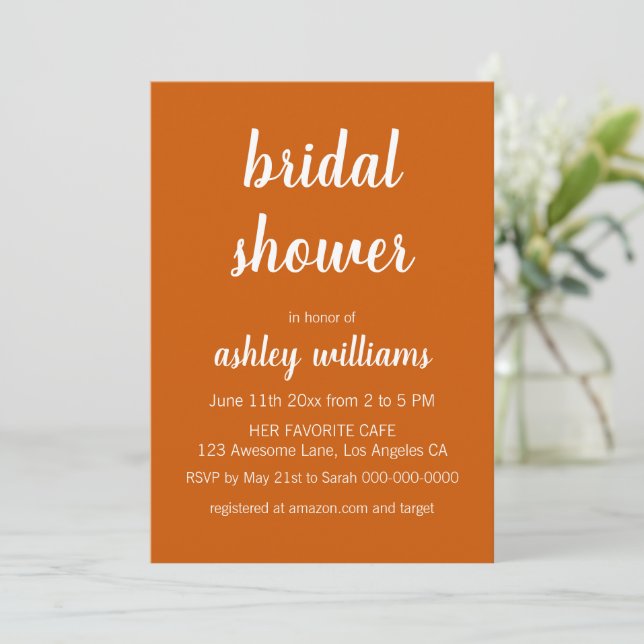 Burnt Orange Modern Elegant Bridal Shower Invitation (Standing Front)