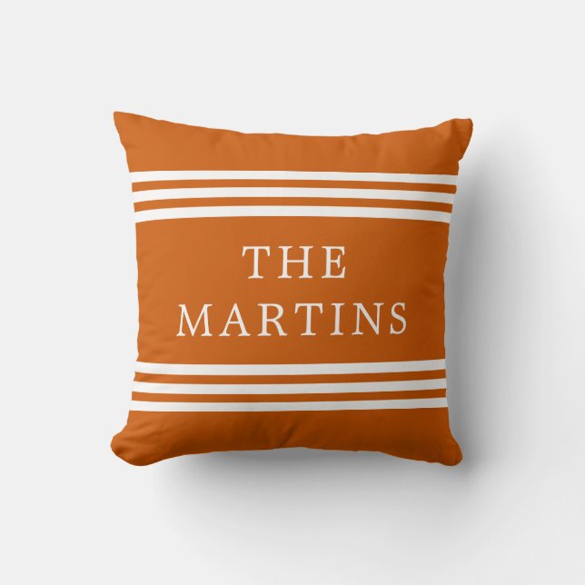 Burnt Orange Modern Stripes | Family Name Cushion (Front)