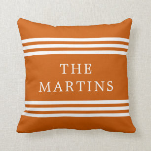 Burnt Orange Modern Stripes Family Name Cushion