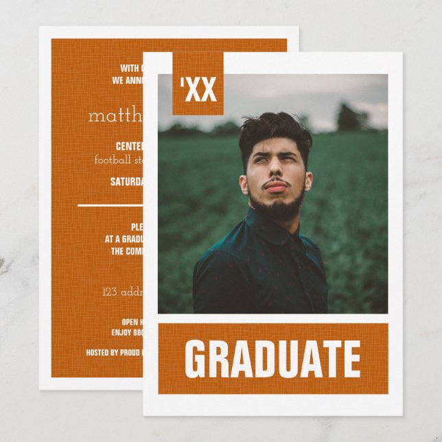 Burnt Orange Modern Textured Photo Graduation Invitation (Front/Back)
