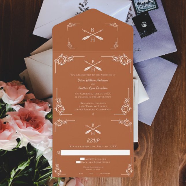 Burnt Orange Monogram and Arrows Wedding All In One Invitation (Burnt Orange Monogram and Arrows Wedding All in One Invitation)