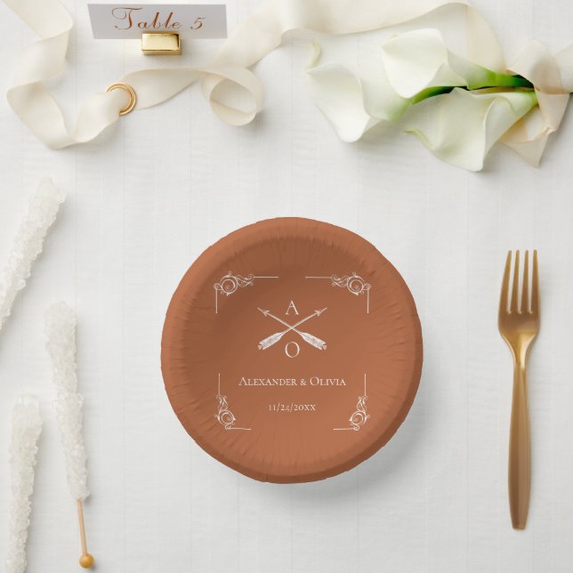 Burnt Orange Monogram and Arrows Wedding Paper Plate (Wedding)