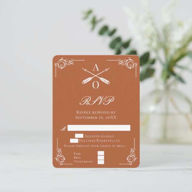 Burnt Orange Monogram and Arrows Wedding RSVP Card (Standing Front)