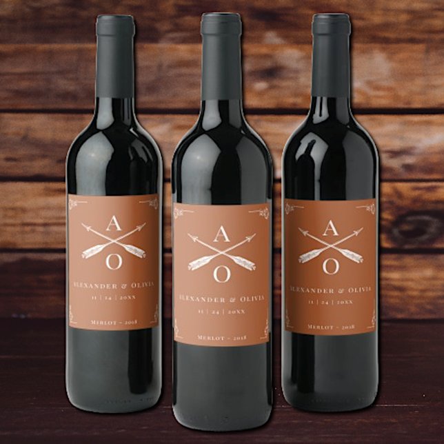Burnt Orange Monogram and Arrows Wedding Wine Label (Burnt Orange Monogram and Arrows Wedding Wine Label)