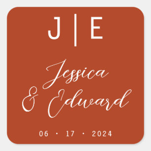 Burnt Orange Monogram Elegant Couple Name Modern Square Sticker