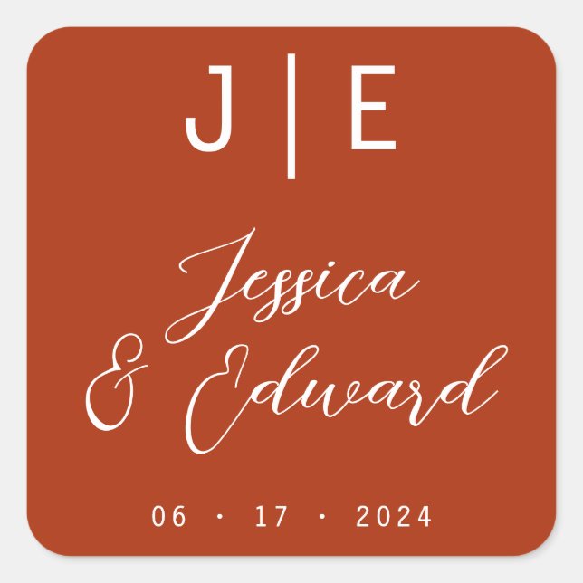 Burnt Orange Monogram Elegant Couple Name Modern Square Sticker (Front)