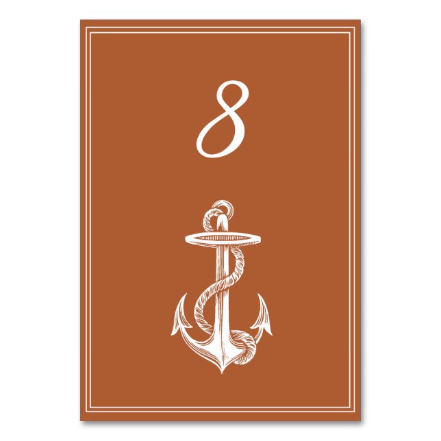 Burnt Orange Nautical Anchor Table Number Card (Front)