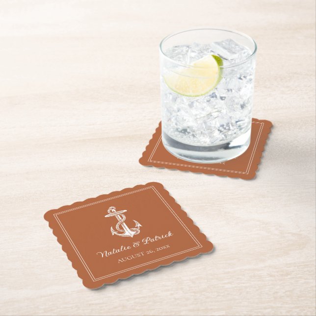 Burnt Orange Nautical Anchor Wedding Paper Coaster (Insitu)