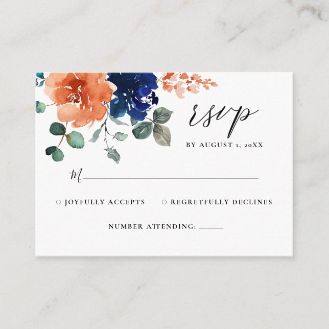 Burnt Orange Navy Blue Floral Rust Wedding RSVP En Enclosure Card (Front)