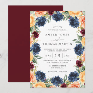 Burnt Orange Navy Burgundy Floral Wedding Invitation