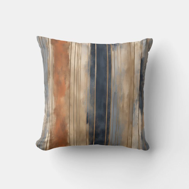 Burnt Orange Navy Dusty Blue Distressed Stripe Cushion (Front)