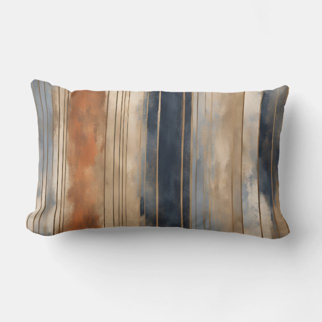 Burnt Orange Navy Dusty Blue Distressed Stripe Lumbar Cushion (Front)
