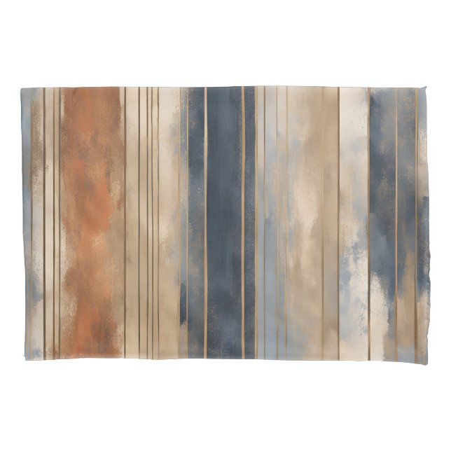 Burnt Orange Navy Dusty Blue Distressed Stripe Pillowcase (Front-Left)