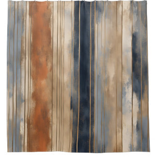 Burnt Orange Navy Dusty Blue Distressed Stripe Shower Curtain