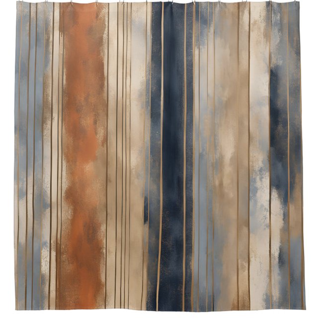 Burnt Orange Navy Dusty Blue Distressed Stripe Shower Curtain (Front)