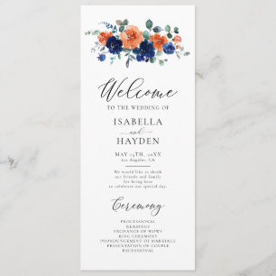 Burnt Orange Navy Floral Rustic Watercolor Wedding Program