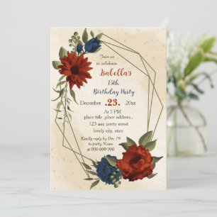 burnt orange navy flowers botanical birthday invitation
