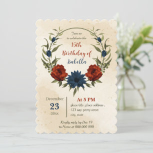 burnt orange navy flowers botanical birthday invitation