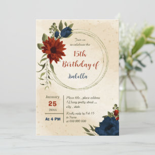 burnt orange navy flowers botanical birthday invitation